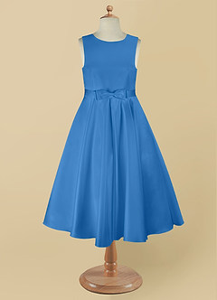 Azazie Coco Blumenmädchenkleider A-Linie Schleifen Matte Satin Kleid Blauhäher image8