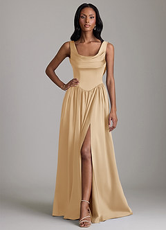 Azazie Novi Bridesmaid Dresses Gold A-Line with Pockets Stretch Satin Dress image1