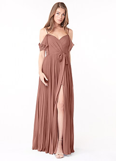 Azazie Lyney Brautjungfernkleider A-Linie Schulterfrei Chiffon Kleid Zedernrose image1