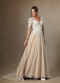 Azazie Essy Wedding Dresses Diamond White Champagne A-Line V-Neck Sequins Tulle Dress image5