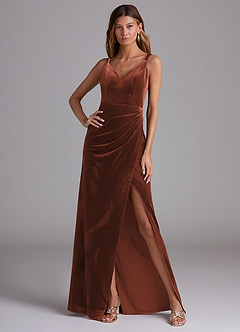 Azazie Leo Bridesmaid Dresses Terracotta Sheath Pleated Velvet Dress image3
