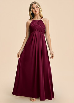 Azazie Ginny Junior Burgundy A-Line Pleated Stretch Satin Dress image6