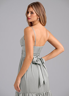 Azazie Nathalia Bridesmaid Dresses Silver A-Line Pleated Stretch Satin Dress image2