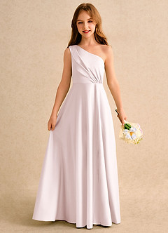 Azazie Puddles Girls Formal Robe Demoiselle D'honneur Fillette Robe Trapèze en Mat Satiné Asymétrique Rose Pâle image1