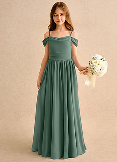 Azazie Shia Girls Formal Robe Demoiselle D'honneur Fillette Robe Trapèze en Mousseline de soie Épaule décolletée Eucalyptus image4