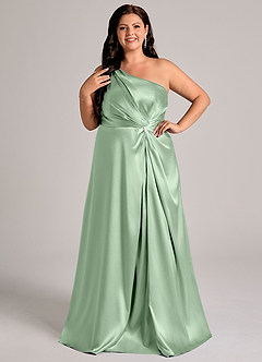 Azazie Brooke Bridesmaid Dresses Matcha A-Line One Shoulder Metallic Satin Dress image10