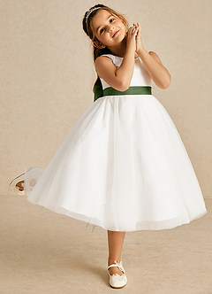 Azazie Kavi Flower Girl Dresses Ivory Olive A-Line Bow Matte Satin Dress image5