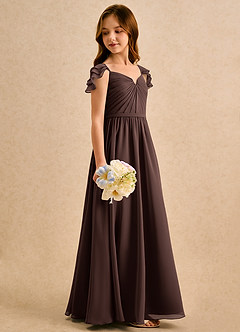 Azazie Meimei Girls Formal Robe Demoiselle D'honneur Fillette Robe Trapèze en Mousseline de soie Plissée Ganache image4