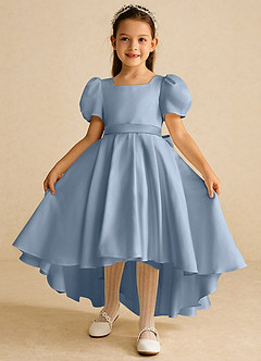 Azazie Zippy Blumenmädchenkleider A-Linie mit ärmel Matte Satin Kleid Staubblau image2