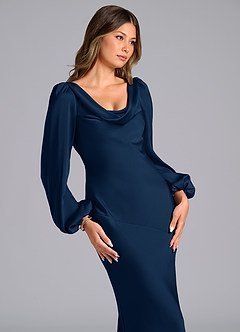 Azazie Rylina Vestidos de damas de honor Vestido de Azul Marino Oscuro de Satén Elástico de Corte Sirena con Manga larga image6