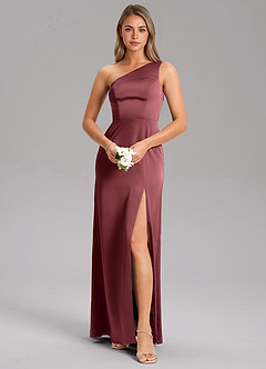 Azazie Feby Robes de demoiselle d'honneur Robe Trapèze en Satin extensible Ue épaule Merlot image1