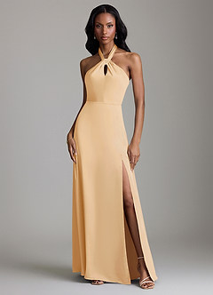 Azazie Tracie Bridesmaid Dresses Gold A-Line Side Slit Stretch Satin Dress image1