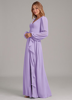Azazie Simone Vestidos de damas de honor Vestido de Lila de Gasa de Corte en A con Manga larga image6