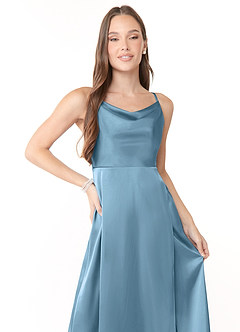 Azazie Naomie Final Sale Steel Blue A-Line Cowl Neckline Side Slit Stretch Satin Dress image5