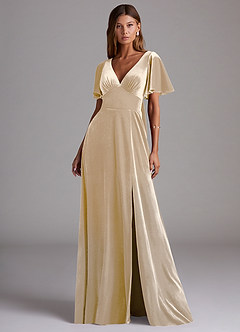 Azazie Kimber Bridesmaid Dresses Champagne A-Line with Pockets Velvet Dress image4