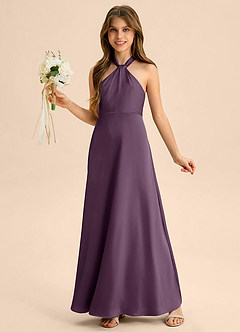 Azazie Beah Junior Plum A-Line Pleated Stretch Satin Dress image3