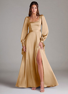 Azazie A-Line Square Neck Long Sleeve Floor-Length Stretch Satin Bridesmaid Dresses - Gold