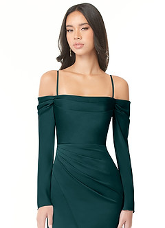 Azazie Hallie Bridesmaid Dresses Pine Sheath Off-The-Shoulder Long Sleeve Stretch Satin Convertible Dress image2