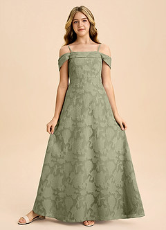 Azazie Anselie Junior Pistachio A-Line Off the Shoulder Floral Burnout Dress image5