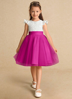 Azazie Vetty Flower Girl Dresses Ivory Fuchsia A-Line Lace Tulle Dress image6