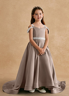 Azazie Jodi Flower Girl Dresses Taupe A-Line Matte Satin Dress image4