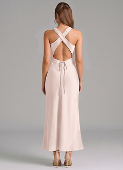 Azazie Evadne Bridesmaid Dresses Blushing Pink Sheath Pleated Stretch Satin Dress image5