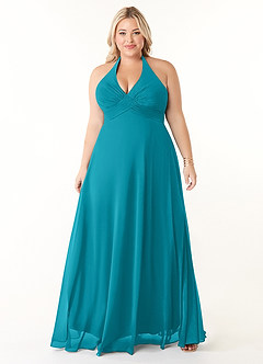 Azazie Tessie Vestidos de damas de honor Vestido de Jade de Gasa de Corte en A con Cuello en V plisado image6