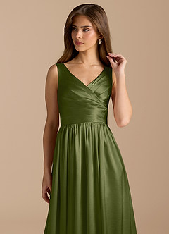 Azazie Keyla Bridesmaid Dresses Olive A-Line Pleated Metallic Satin Dress image8