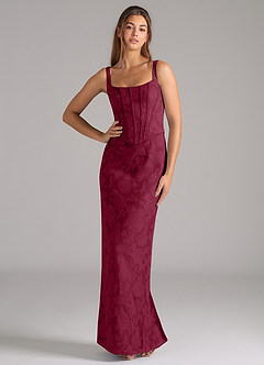 Azazie Kenna At-home Try On Dresses Burgundy Sheath Side Slit Floral Burnout Dress image1