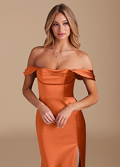Azazie Saige Bridesmaid Dresses Burnt Orange A-Line Off the Shoulder Metallic Satin Convertible Dress image3