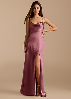 Azazie Erma Final Sale Vintage Mauve A-Line Side Slit Metallic Satin Dress image1