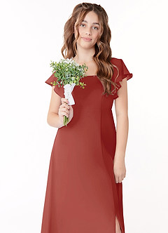 Azazie Bondi Junior Terracotta A-Line Bow Chiffon Dress image4