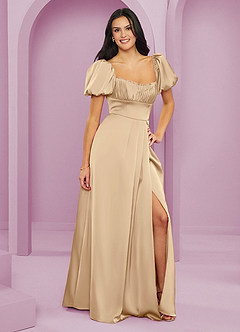 Barbie ♥ Azazie Bridesmaid Dresses Champagne A-Line Ruched Stretch Satin Dress image4
