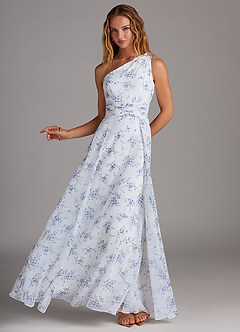 Azazie Dallas Bridesmaid Dresses Blue Cottage Floral A-Line One Shoulder Chiffon Dress image4