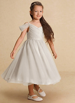 Azazie Lizzette Flower Girl Dresses Frost A-Line Ruched Tulle Dress image4