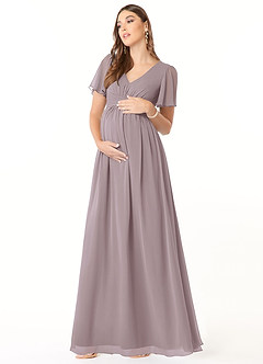 Azazie Verna Robes de demoiselle d'honneur de maternité Robe Trapèze Col V froncé Longueur ras du sol Mousseline de soie image3