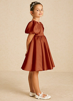 Azazie Muffin Flower Girl Dresses Paprika A-Line with Sleeves Matte Satin Dress image3