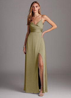 Azazie Calissa Bridesmaid Dresses Moss Green A-Line V-Neck Pleated Stretch Satin Dress image1