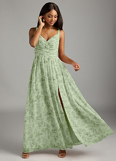 Azazie Chanel Bridesmaid Dresses Green Fern Floral A-Line Pleated Chiffon Dress image3