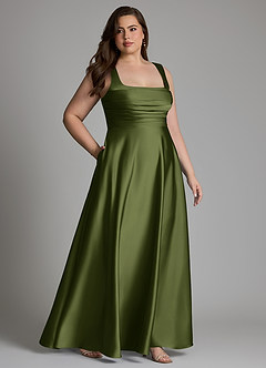 Azazie Azaria Vestidos de madrinha de casamento Vestido Oliva de Cetim elástico de Linha A com Corpete image11