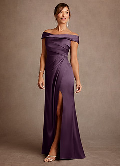 Azazie Bedford Mother of the Bride Dresses Plum Sheath Pleated Stretch Satin Dress image2