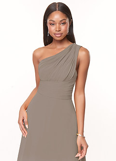 Azazie Ashley At-home Try On Dresses Taupe A-Line Ruched Chiffon Dress image5