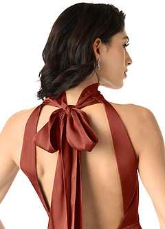 Azazie x Delaney Bridesmaid Dresses Terracotta Sheath High Neck Stretch Satin Dress image5