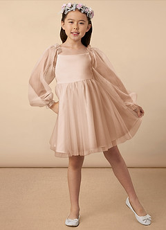 Azazie Aya Robe Demoiselle D'honneur Fillette Robe Trapèze en Tulle avec manches Rose Perle image1