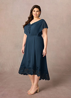 Azazie Palana At-home Try On Dresses Dusty Blue A-Line Lace Chiffon Dress image8