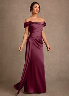 Azazie Beah Mother of the Bride Dresses Mulberry Sheath Off the Shoulder Stretch Satin Dress image2