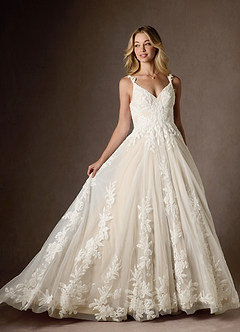 Azazie Delaina Wedding Dresses Diamond White Champagne A-Line V-Neck Sequins Tulle Dress image5