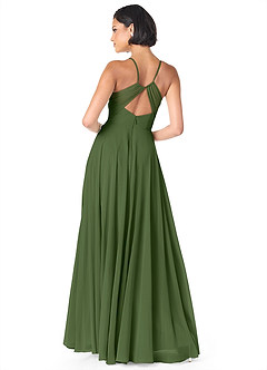 Azazie Avelina Robes de demoiselle d'honneur Robe Trapèze en Mousseline de soie Col V plissé Olive image2