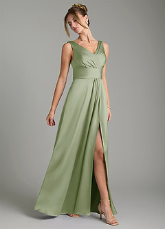 Azazie Karina Bridesmaid Dresses Dusty Sage A-Line Pleated Stretch Satin Dress image4
