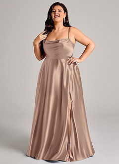 Azazie Elle Bridesmaid Dresses Taupe A-Line with Pockets Metallic Satin Dress image3